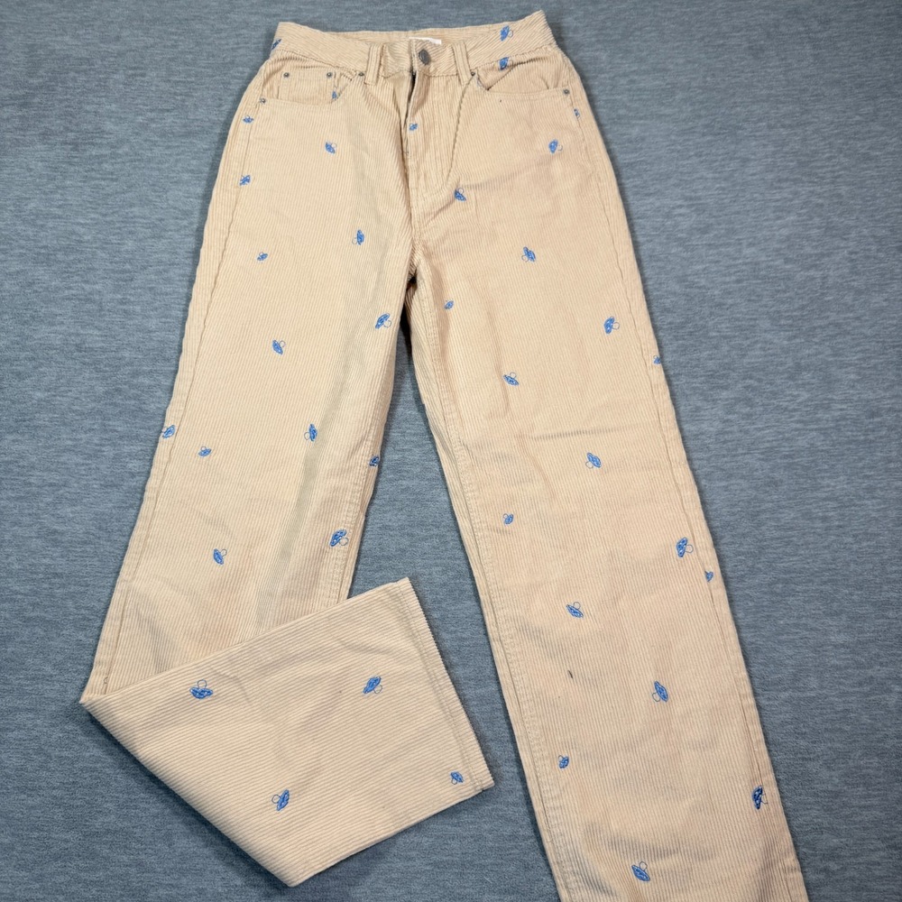 PacSun Pants Women's 26 Beige Corduroy 90s Boyfriend Embroidered Floral Y2K